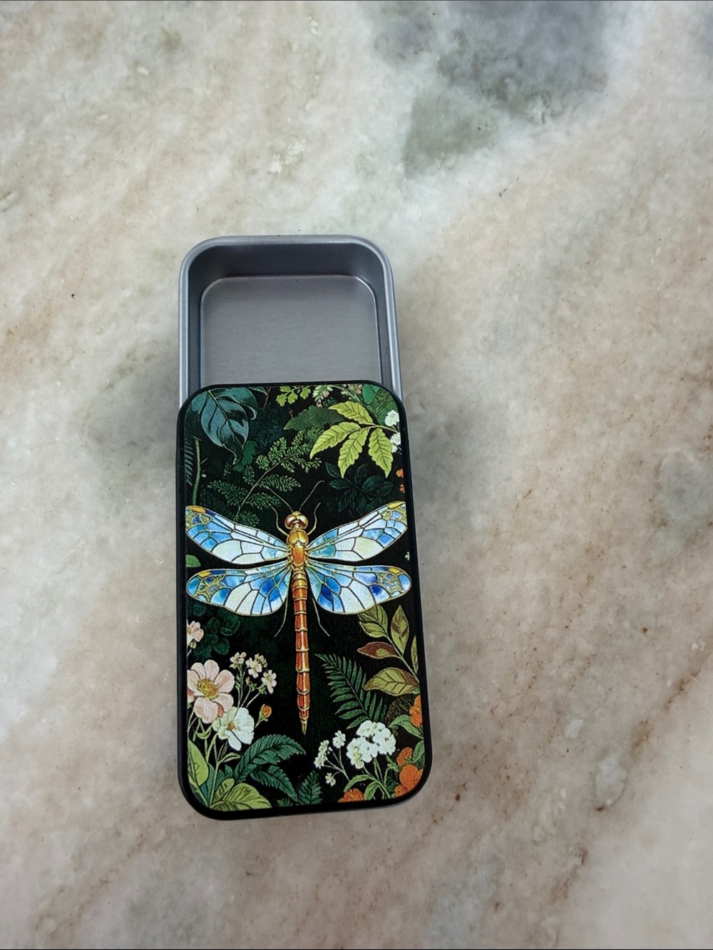 Unique Decorative Dragonfly Tin Case for matches or pills Black